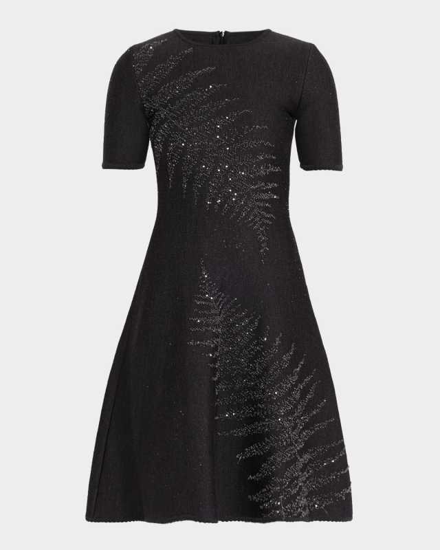 Paillette Fern Short-Sleeve Knit Mini Dress